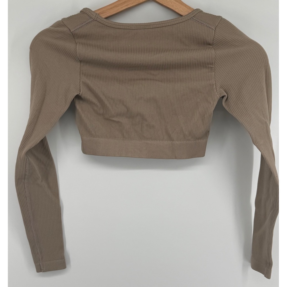 Youngla Women Ribbed Long Sleeve Crop Top Taupe Brown Square Neck XS YLAW-1157 - Picture 5 of 6